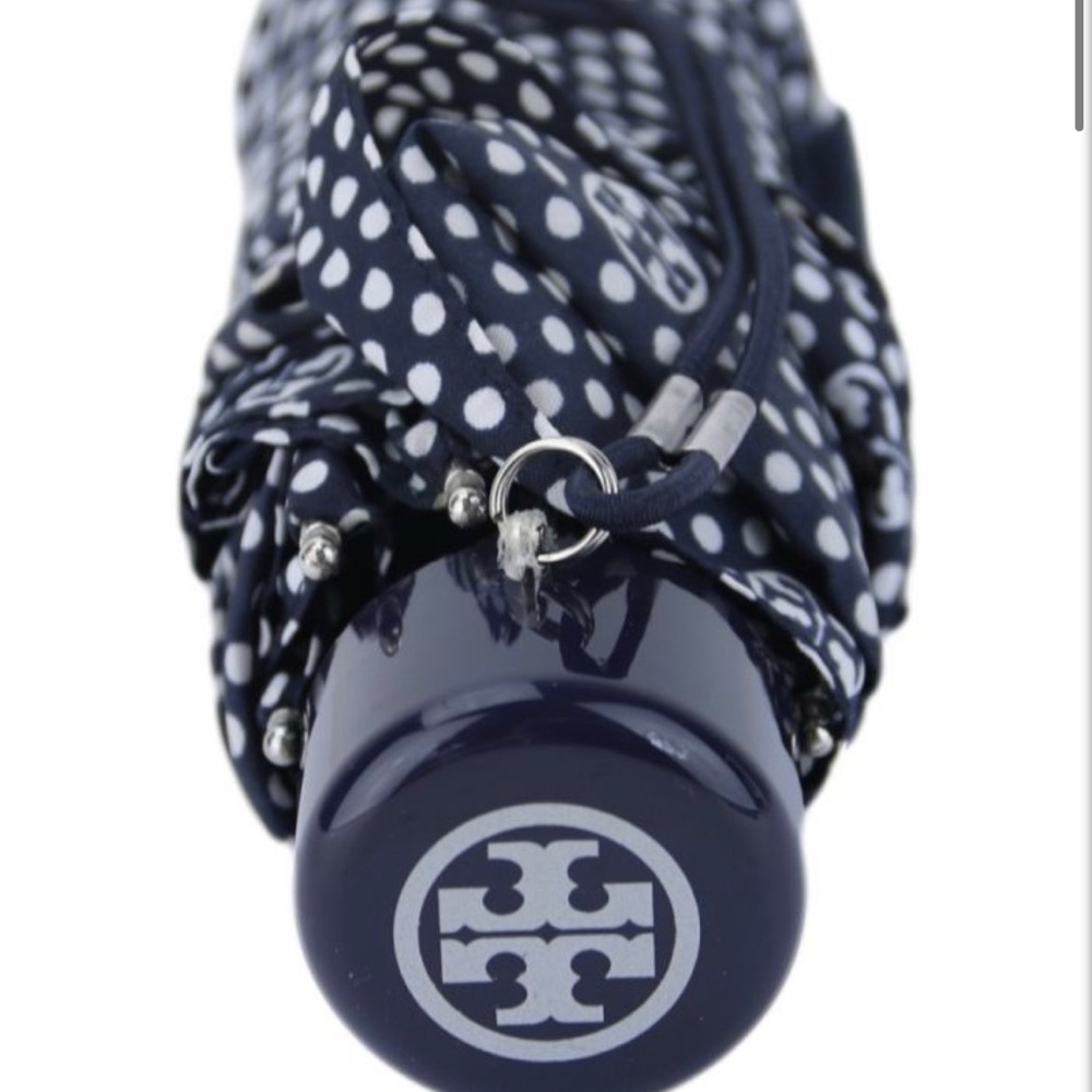 Tory Burch Navy Logo and Polka Dot Umbrella. Opened, never used.